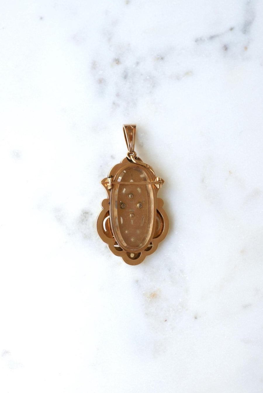 Médaillon Broche Arabesques Ancien Perles Fines et Diamants Or Rose - Galerie Pénélope