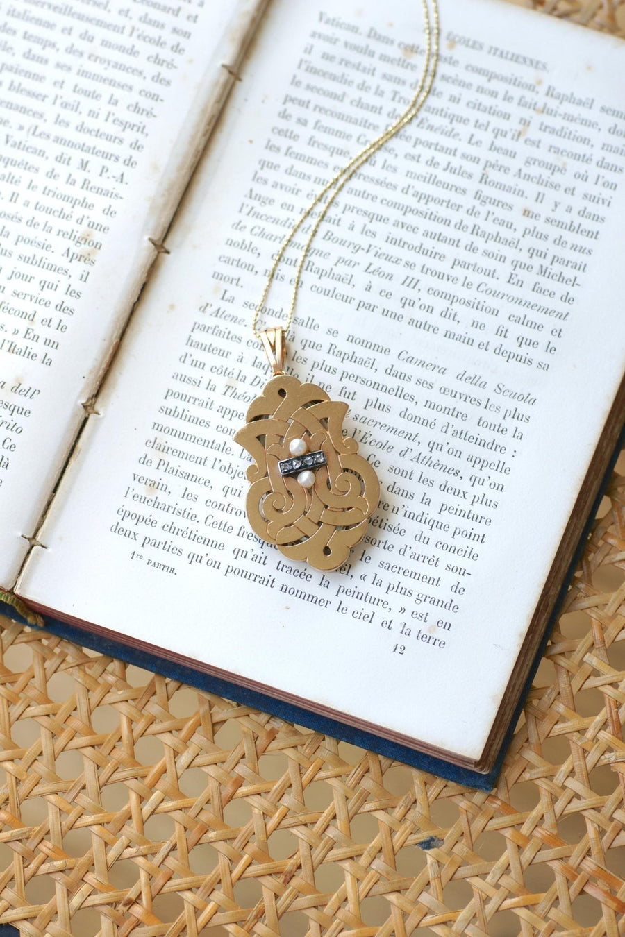 Médaillon Broche Arabesques Ancien Perles Fines et Diamants Or Rose - Galerie Pénélope