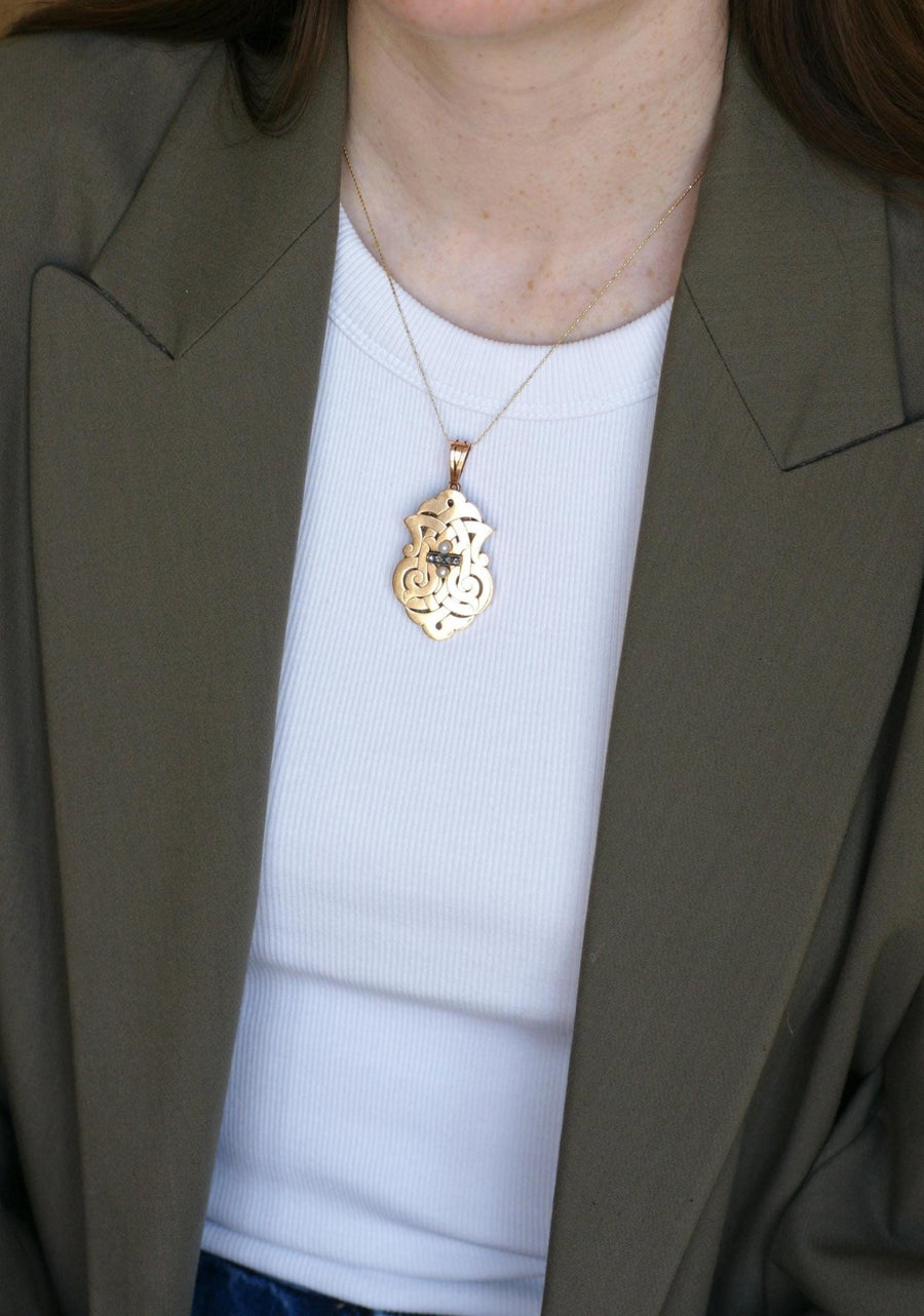 Médaillon Broche Arabesques Ancien Perles Fines et Diamants Or Rose - Galerie Pénélope