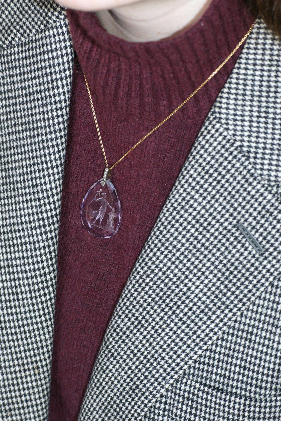 Pendentif Ancien Goutte Intaille Améthyste et Diamants - Galerie Pénélope