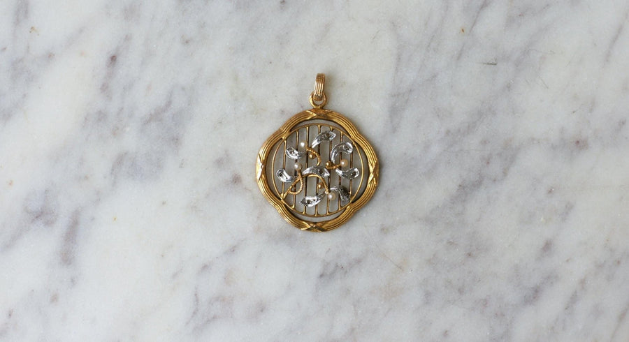 Pendentif Art Nouveau Gui Or jaune Perles et Diamants - Galerie Pénélope