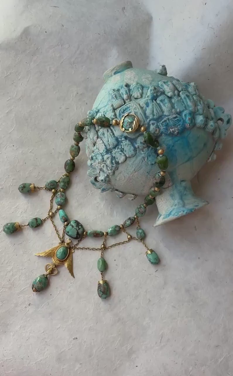 Collier Ancien Neo Egyptien Or Jaune et Turquoises