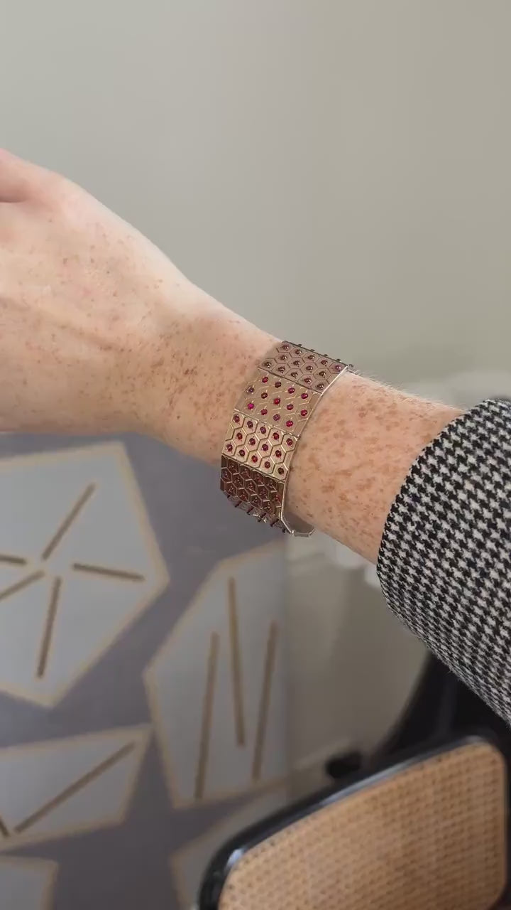 Bracelet Ruban Art Déco Rubis sur Or Rose et Argent