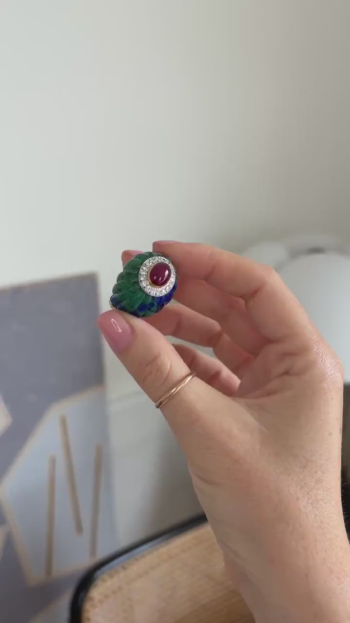 David Webb Bague Cocktail Boule Azurmalachite, Rubis, et Diamants sur Or Jaune et Platine