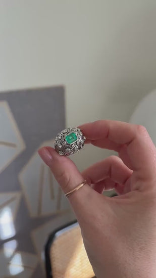Emerald Ball Ring with 2.10 Carats of Emeralds and Diamonds on Platinum