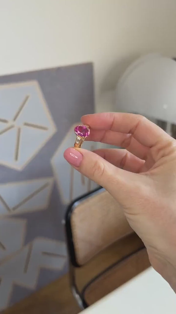 Bague Tourmaline Rose et Diamant Baguette sur Or Jaune