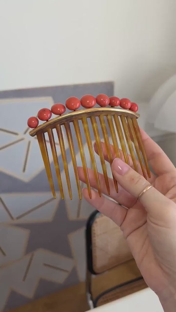 Peigne à Cheveux Ancien Corail et Corne, Diadème de Mariage