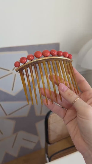 Peigne à Cheveux Ancien Corail et Corne, Diadème de Mariage