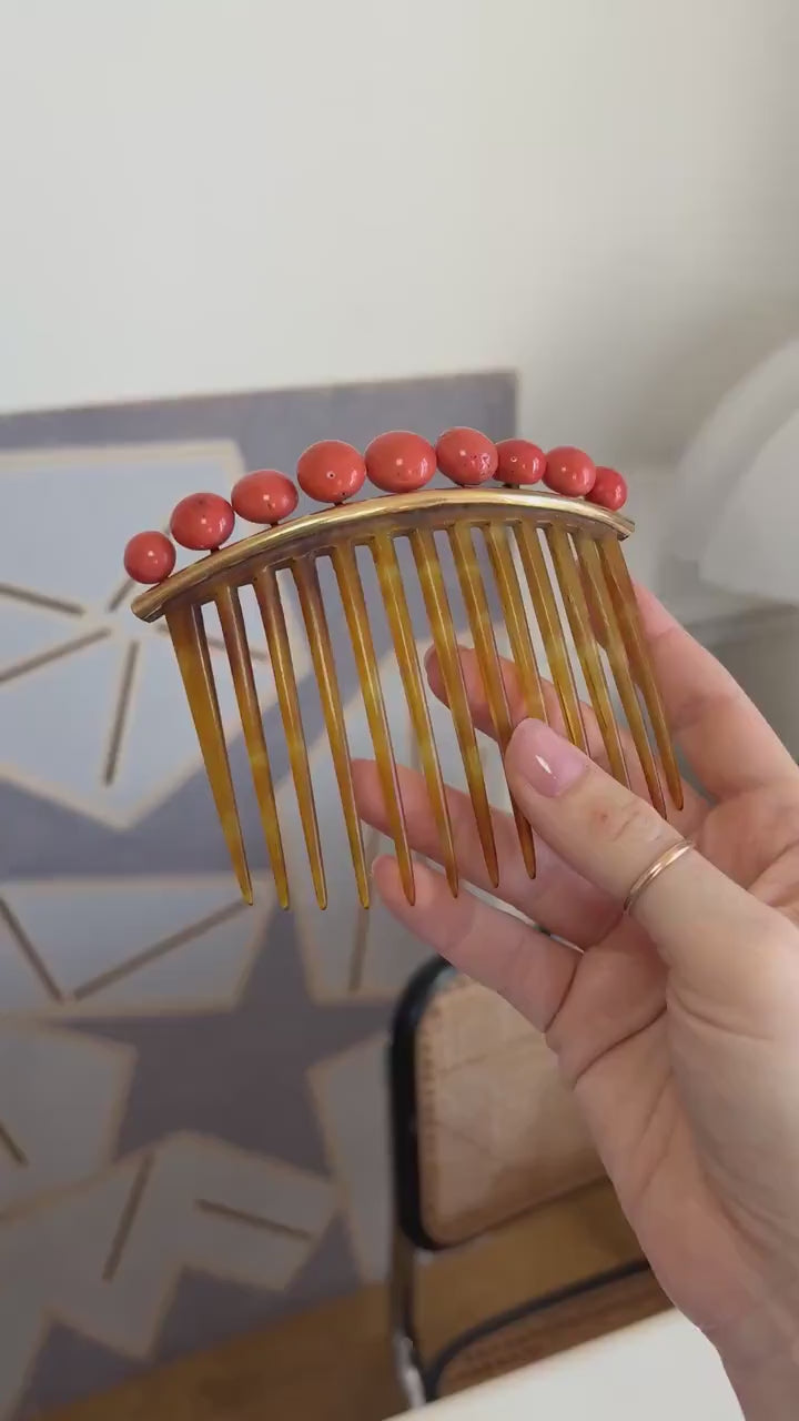 Peigne à Cheveux Ancien Corail et Corne, Diadème de Mariage