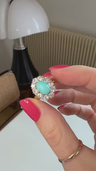 Bague Marguerite Belle Epoque Turquoise Entourage Diamants 1.20 Cts