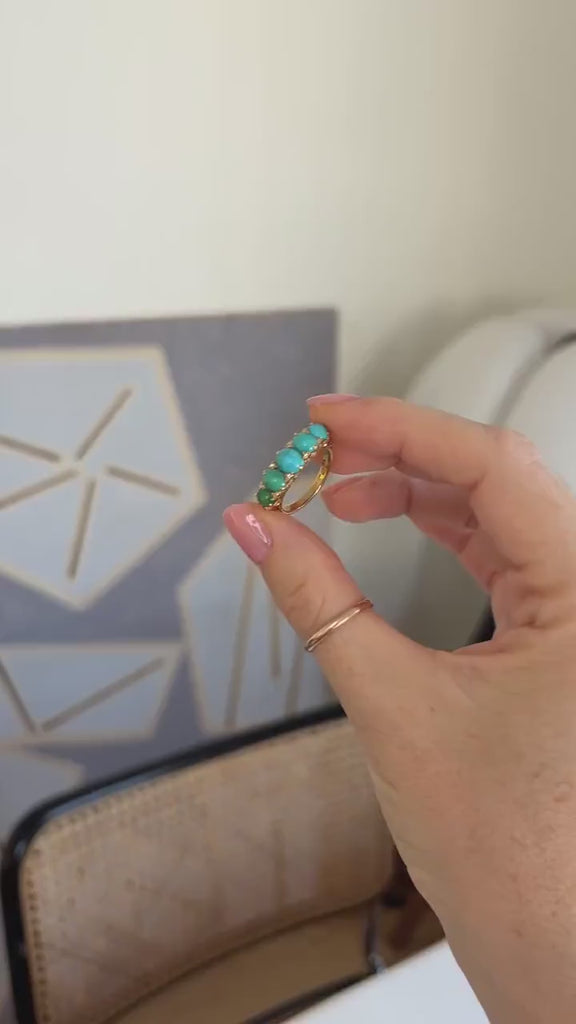 Bague Jarretière Ancienne Turquoises et diamants sur Or Jaune