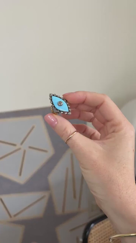 Bague Marquise Ancienne Diamant et Pâte de Verre sur Or et Argent