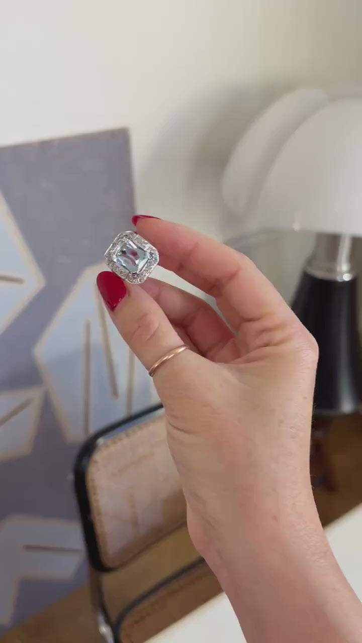 Bague Art Déco Octogonale Aigue-Marine 4,90 Cts et Diamants sur Or et Platine