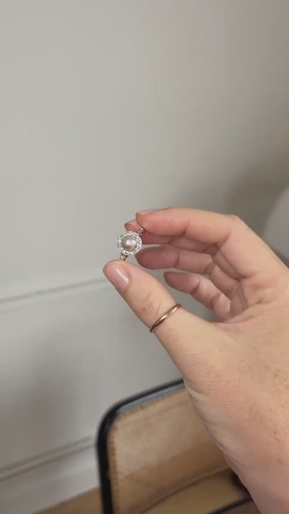 Bague cible Art Deco Perle Mabé et Diamants sur Or et Platine