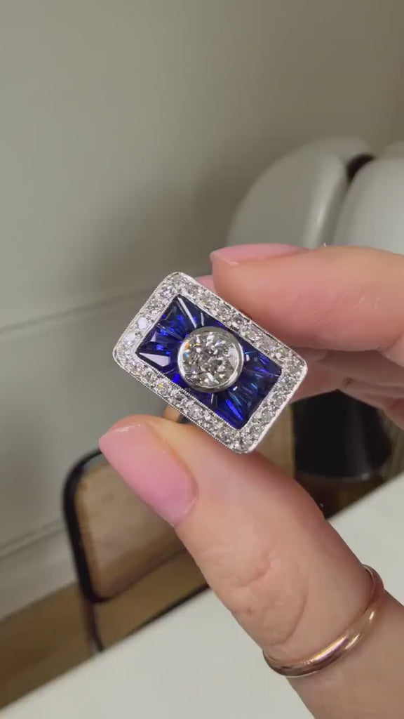 Rectangular Art Deco Ring with Diamond and Synthetic Calibrated Sapphire on Platinum