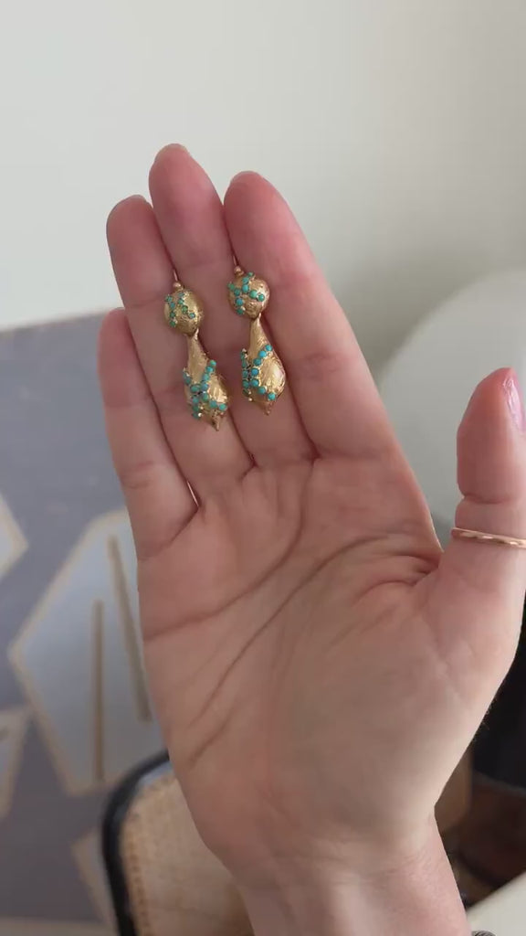 Boucles d'Oreilles Anciennes Goutte Turquoise sur Or Jaune