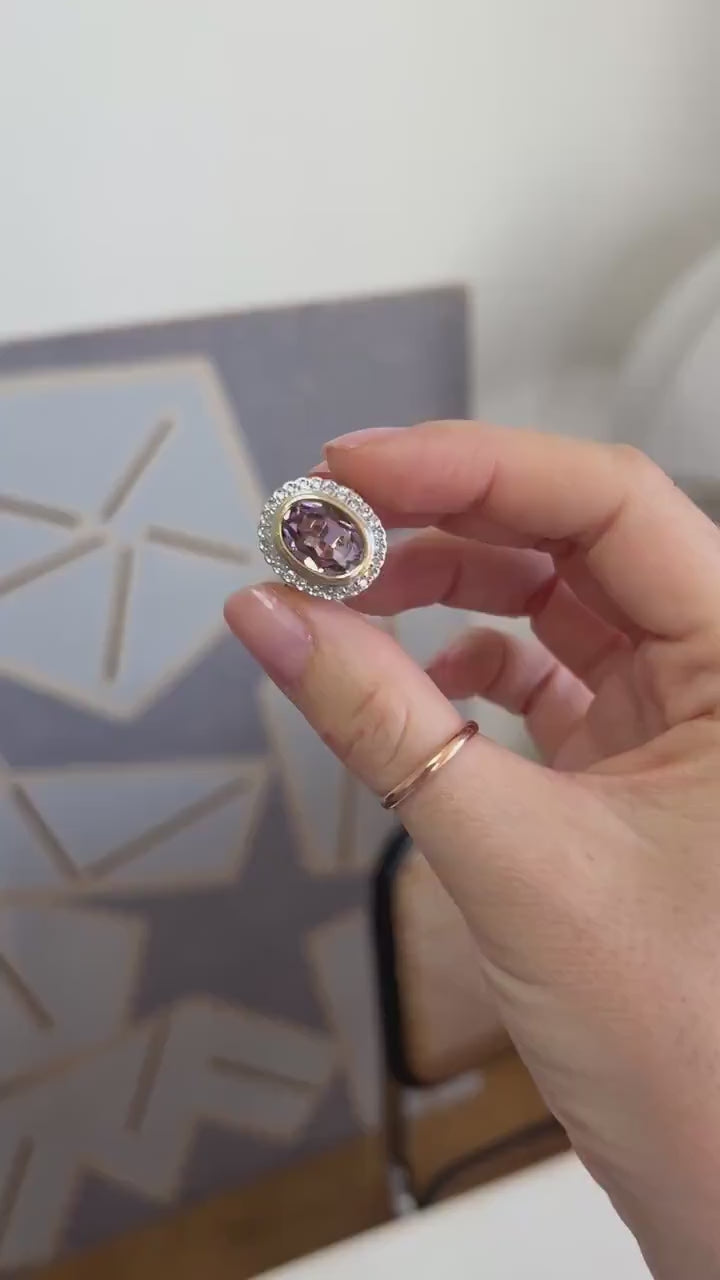 Bague Style Art Déco Ovale Améthyste et Diamants sur Or Jaune et Blanc
