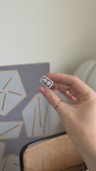 アールデコ様式の矩形リング、ダイヤモンドとサファイアのサイズ調整済み