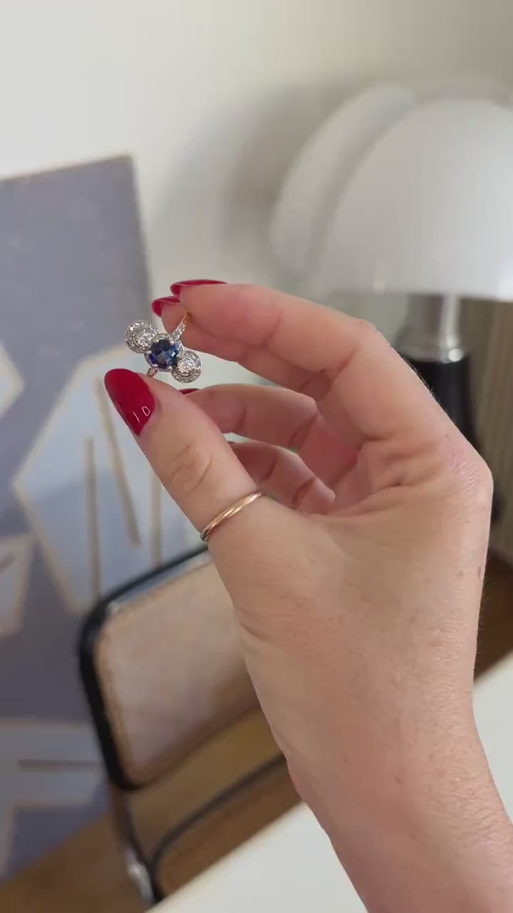 Bague Belle Epoque Saphir 1,18 Cts et Diamants sur Or et Platine