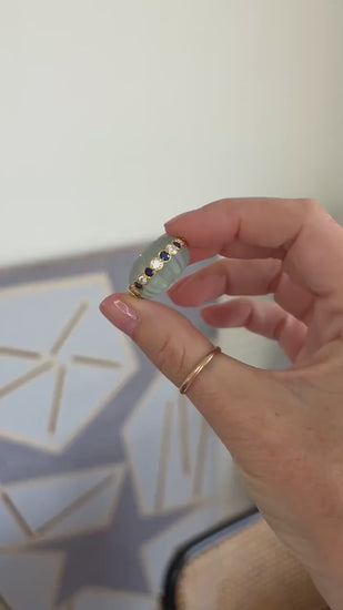 Jean & Pierre Bellin Bague Boule Aigue Marine à Gaudrons Diamant et Saphir sur Or Jaune