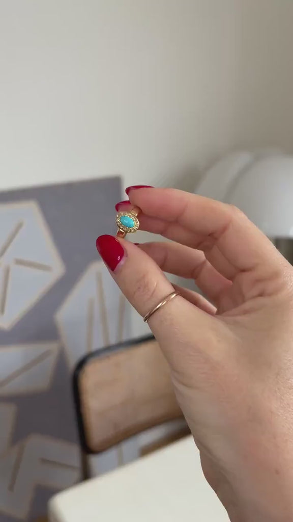 Bague Marguerite Ancienne Turquoise Entourage Diamants sur Or Jaune
