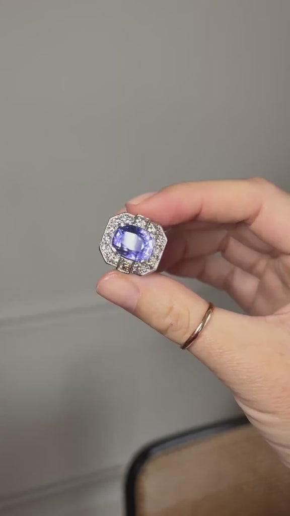 Bague Art Déco Saphir de Ceylan 12,20 Cts et Diamants sur Platine