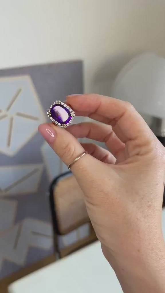 Bague Cocktail Améthyste et Diamants sur Or Rose et Platine Années 60