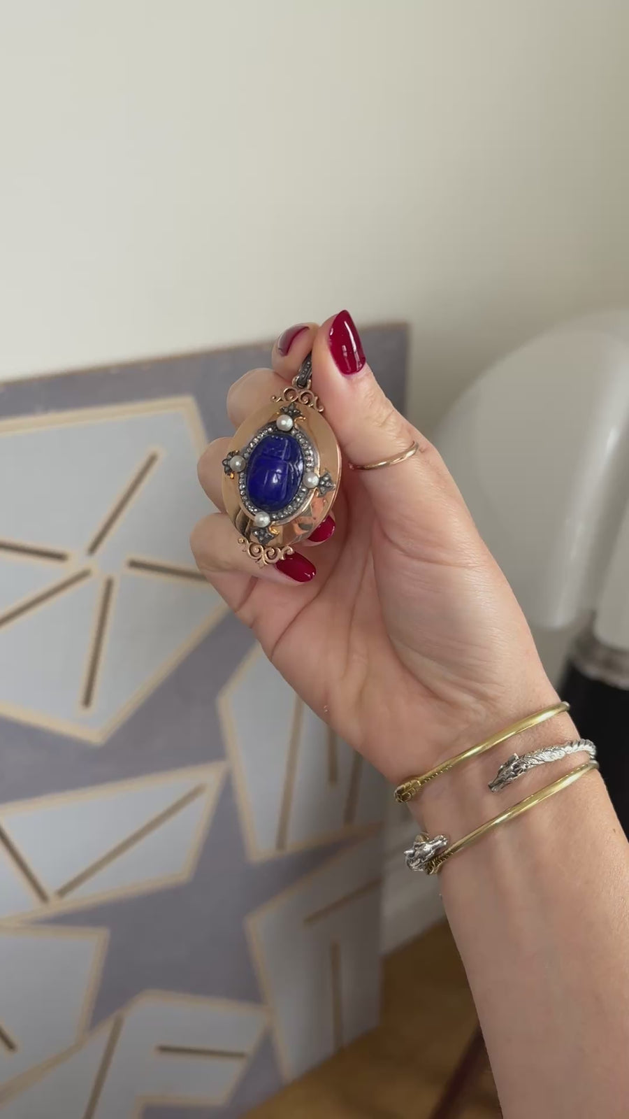 Médaillon Ancien Scarabée Lapis Lazuli Diamants et Perles