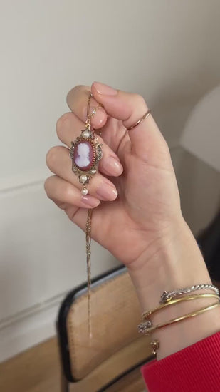 Collier Pendentif Ancien Camée Perles et Diamants sur Or Rose et Jaune