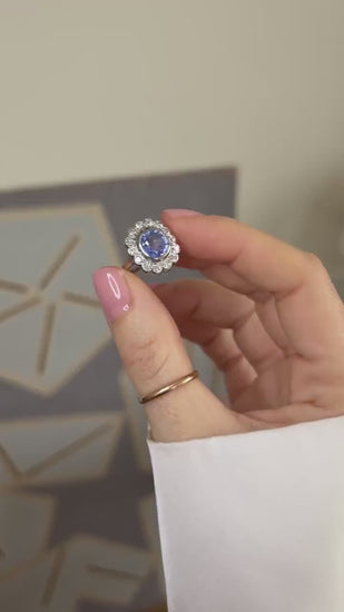 Bague Pompadour Art Déco Saphir de Ceylan 2,80 Cts et Diamants sur Platine