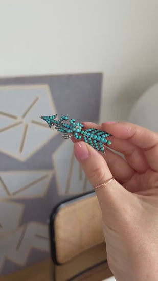 Broche Flèche Ancienne Turquoises et Perles sur Or Rose et Argent