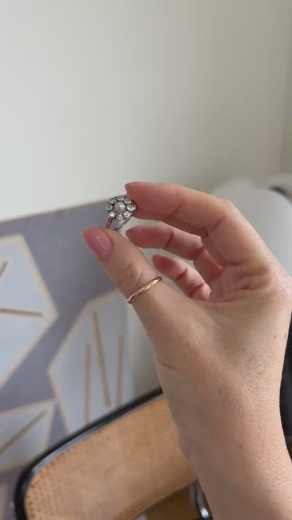 Bague Marguerite Ancienne Perle Bouton et Diamant sur Or Blanc et Platine