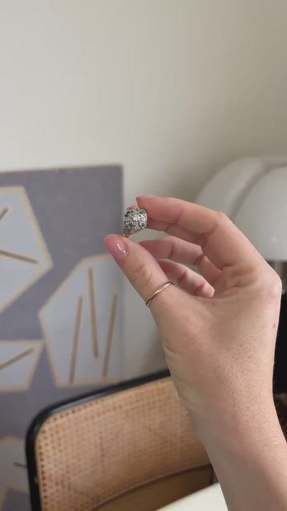 Art Deco Dome Ring with Emeralds and Diamonds on Rose Gold and Platinum