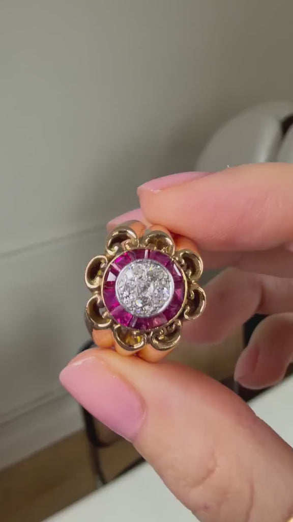 Ruby and Diamond Beaded Ring in Rose Gold and Platinum