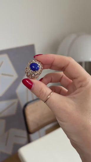 Bague Cocktail Boule Lapis Lazuli et Diamants sur Or Jaune
