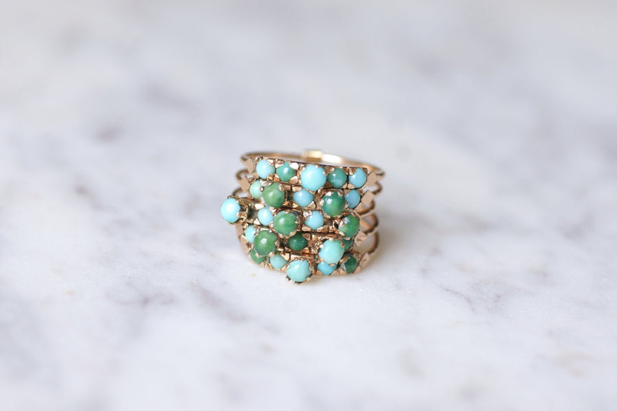 Bague de harem vintage en or rose 14kt ornée de turquoises - Galerie Pénélope