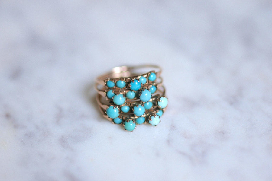 Bague de harem vintage en or rose et turquoises - Galerie Pénélope