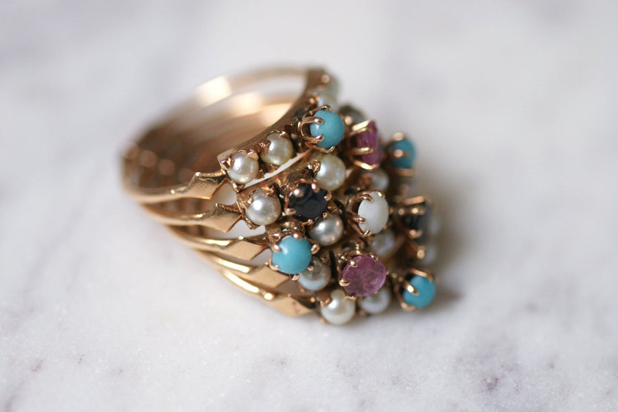 Bague de harem vintage en or, turquoises, perles, saphirs, rubis, opale - Galerie Pénélope