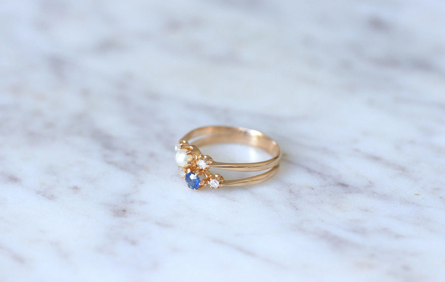 Bague double anneau, perle, diamants et saphir - Galerie Pénélope