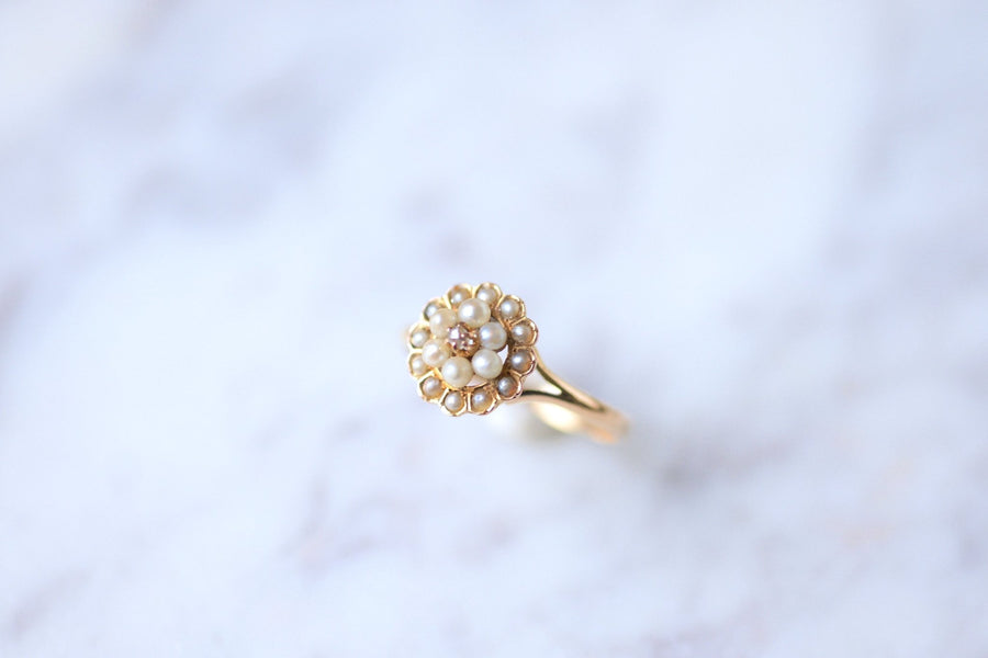 Bague fleur ancienne perles fines et diamant en or rose - Galerie Pénélope