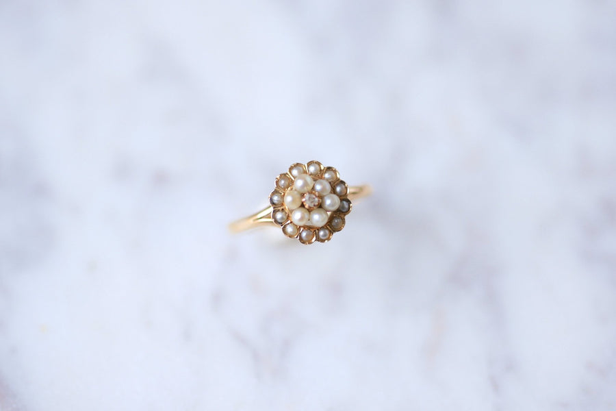 Bague fleur ancienne perles fines et diamant en or rose - Galerie Pénélope