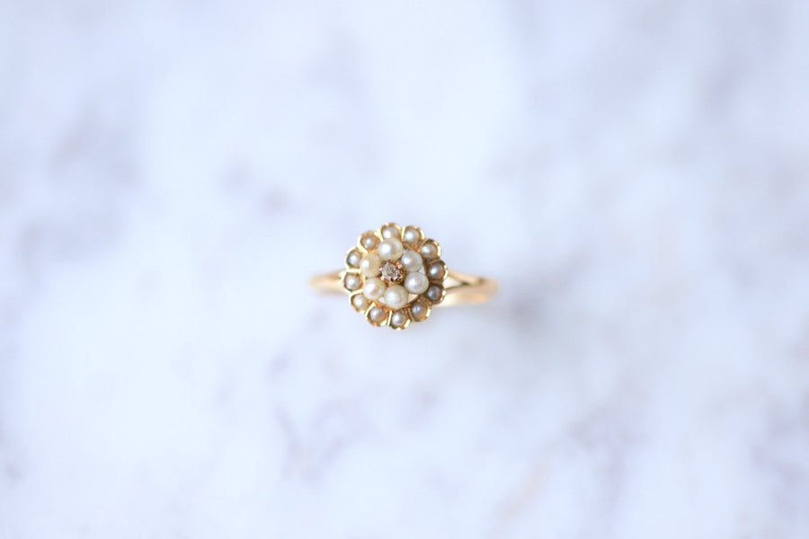 Bague fleur ancienne perles fines et diamant en or rose - Galerie Pénélope