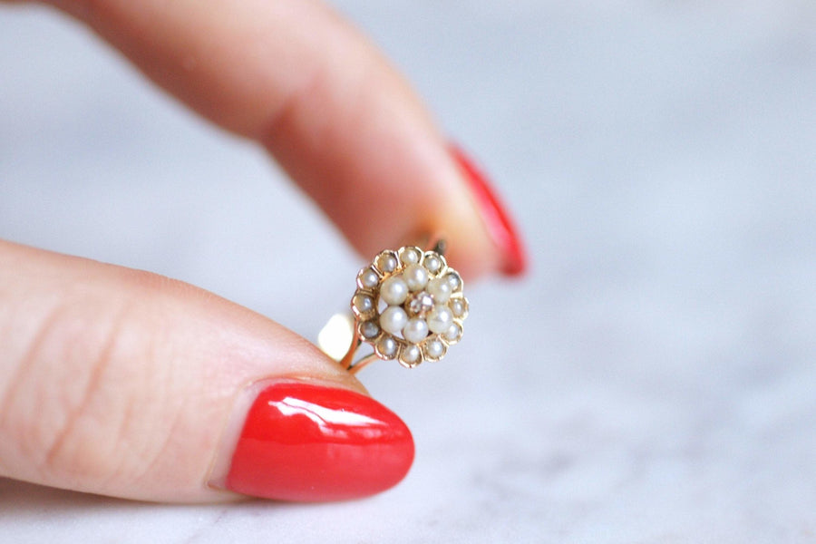 Bague fleur ancienne perles fines et diamant en or rose - Galerie Pénélope