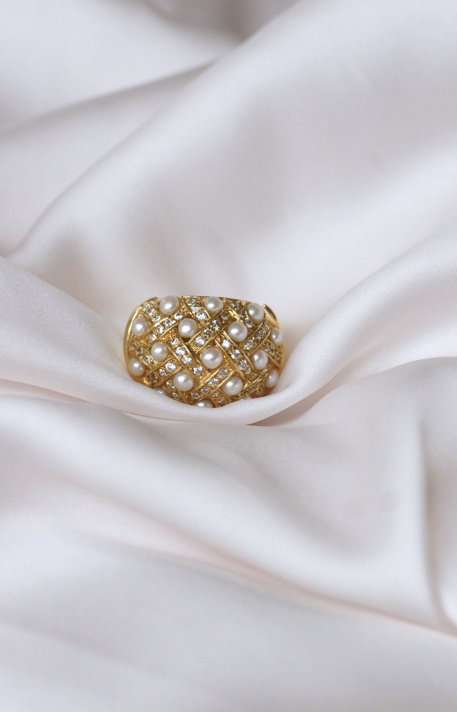 Bague jonc croisillons perles et diamants - Galerie Pénélope
