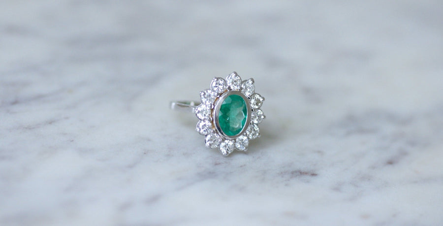 Bague marguerite Emeraude 1.75 Cts et diamants - Galerie Pénélope