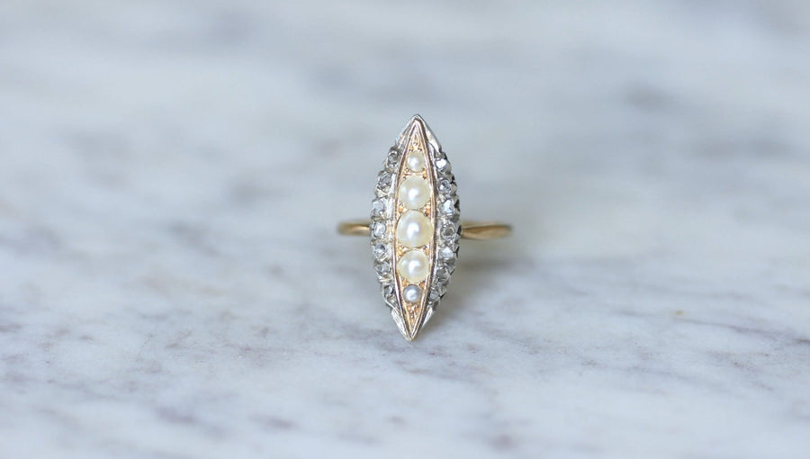 Bague marquise perles et diamants - Galerie Pénélope