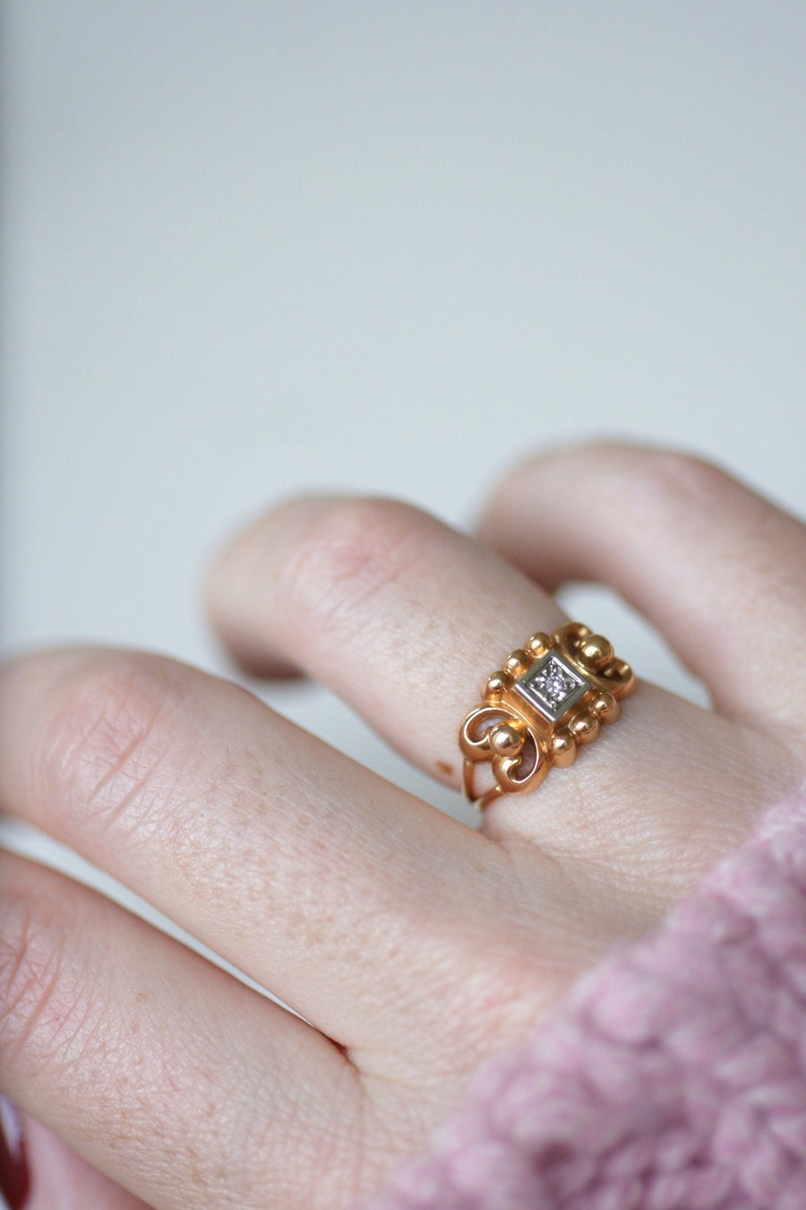 Bague retro or rose et diamant - Galerie Pénélope