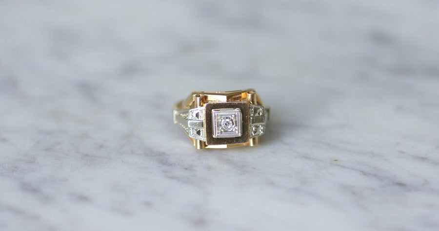 Bague Tank Art Déco deux ors et diamant - Galerie Pénélope