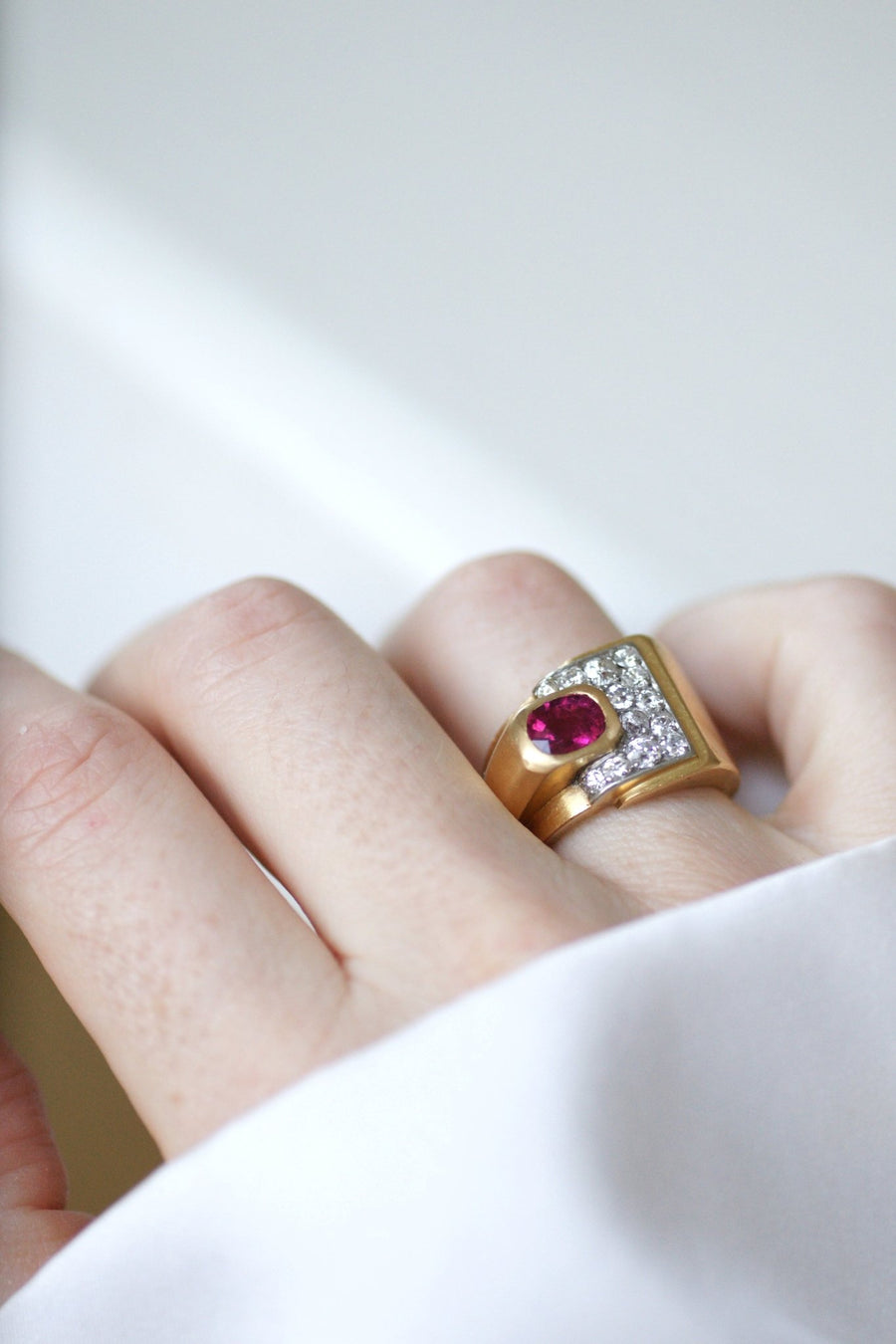 Bague Tank tourmaline rose et diamants - Galerie Pénélope