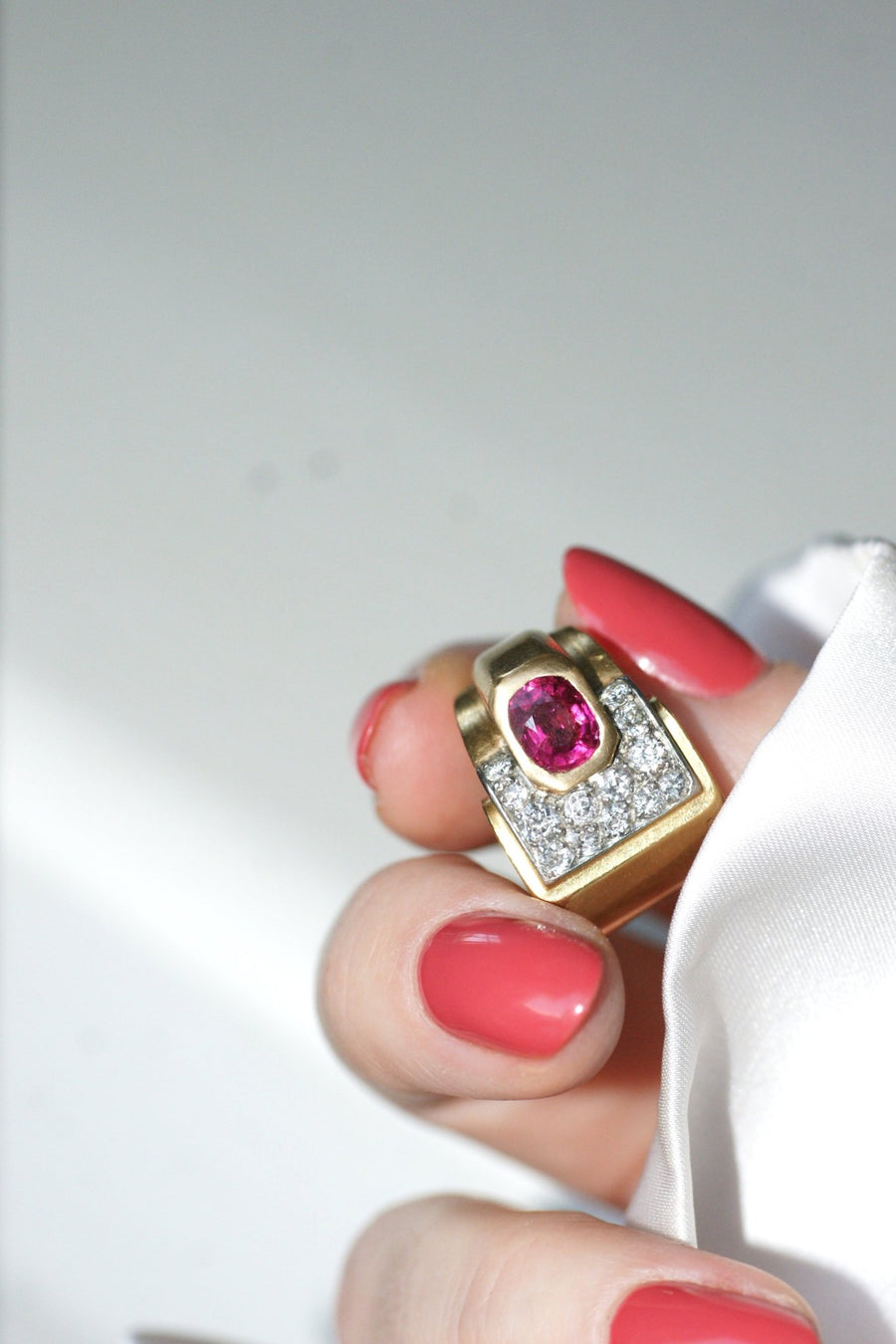 Bague Tank tourmaline rose et diamants - Galerie Pénélope